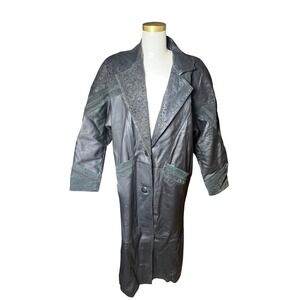 Greg Bell‎ Vintage Black Leather Trench Coat Paisley Embossed Suede Trim Small